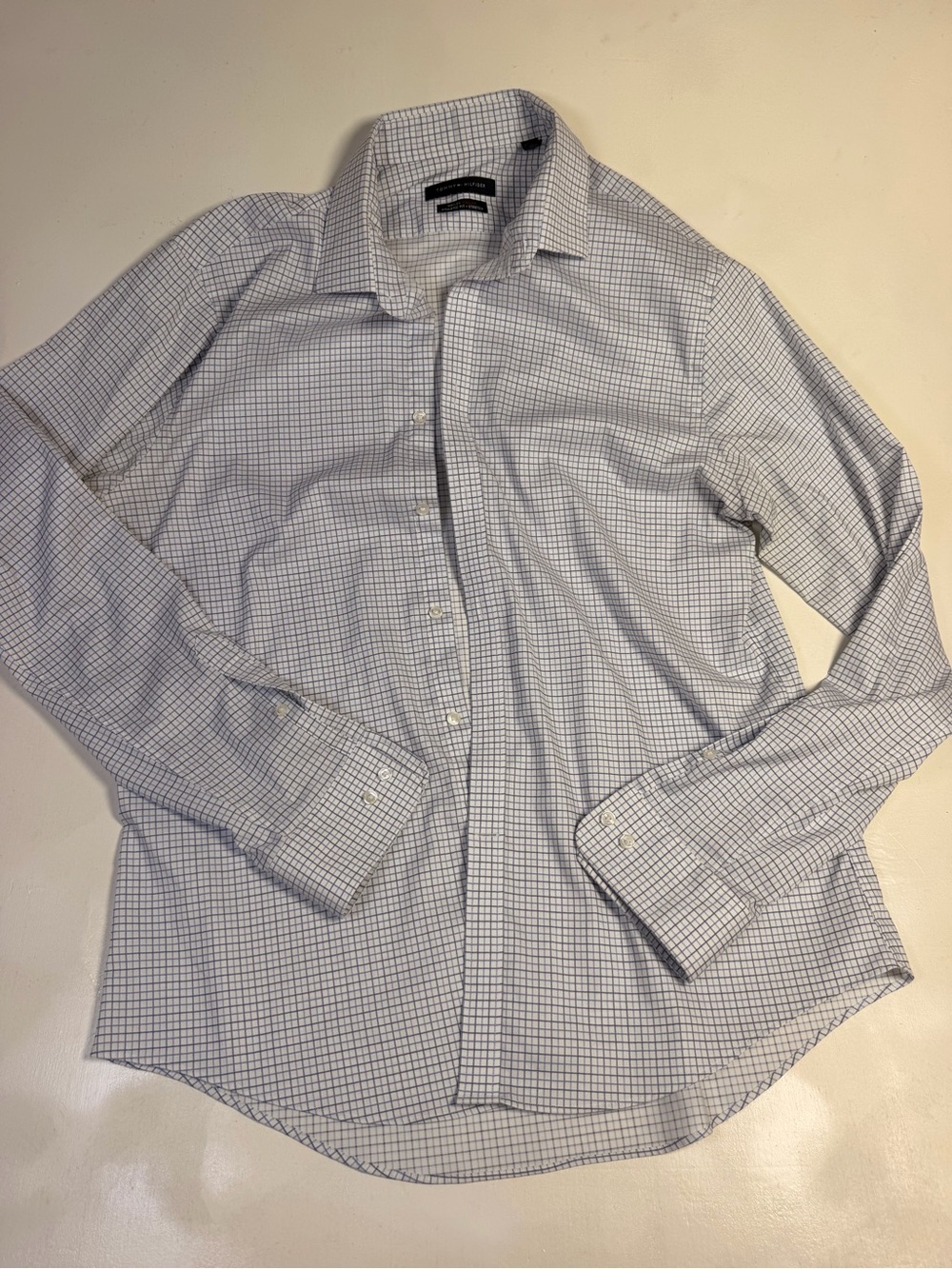 Tommy Hilfiger Dress Shirt Mens L Blue Windowpane Modern THFlex Athletic Stretch